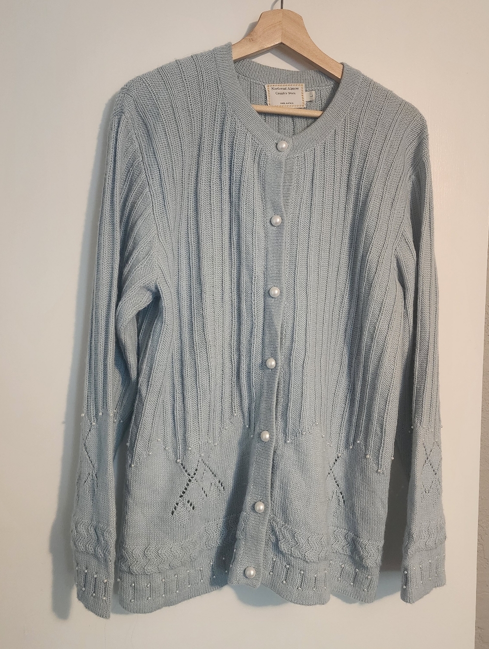 100% Alpaca Pearl-Button Light Blue Knit Cardigan